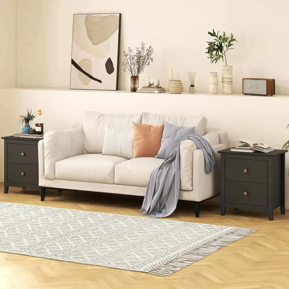 Modern Nightstand with 2 Drawers for Small Spaces-Black - Black - Nightstands