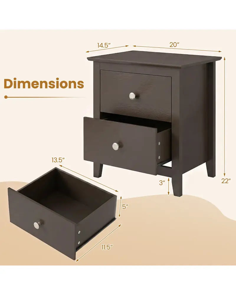 Modern Nightstand with 2 Drawers for Small Spaces-Brown - Brown - Nightstands