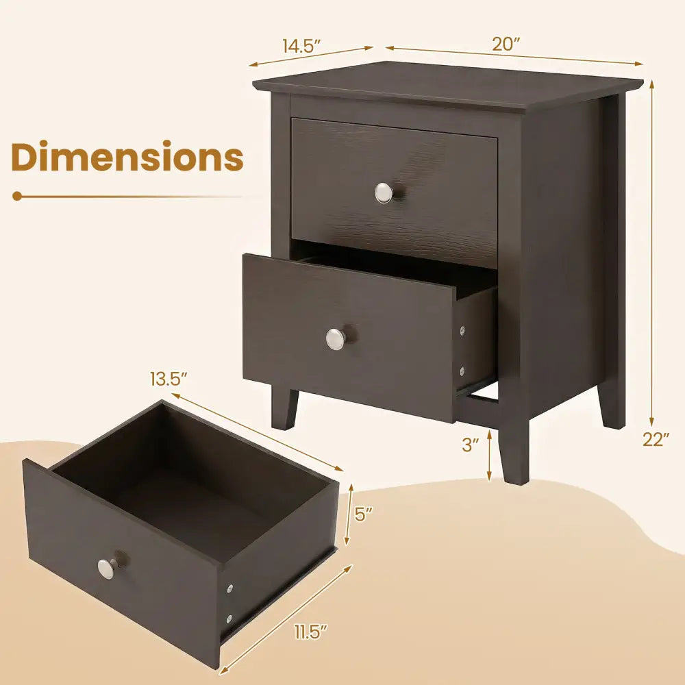 Modern Nightstand with 2 Drawers for Small Spaces-Brown - Brown - Nightstands