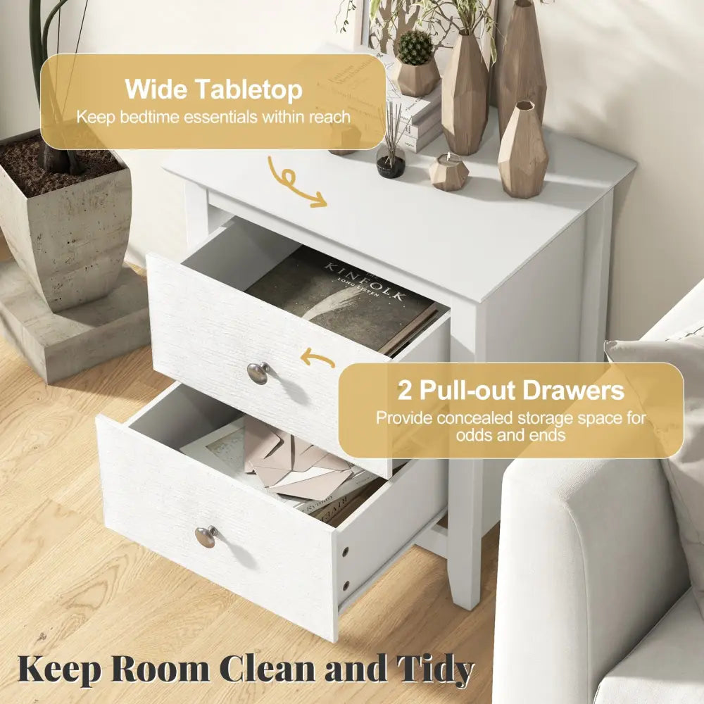 Modern Nightstand with 2 Drawers for Small Spaces-White - White - Nightstands