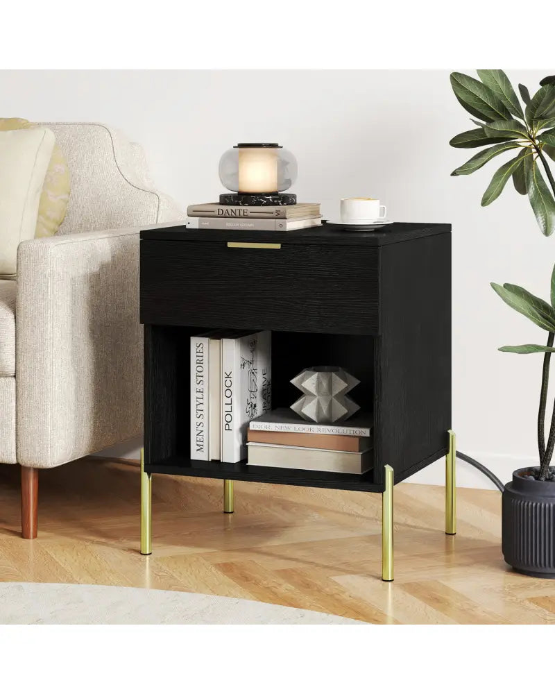 Modern Nightstand with Charging Station-Black - Black - Nightstands
