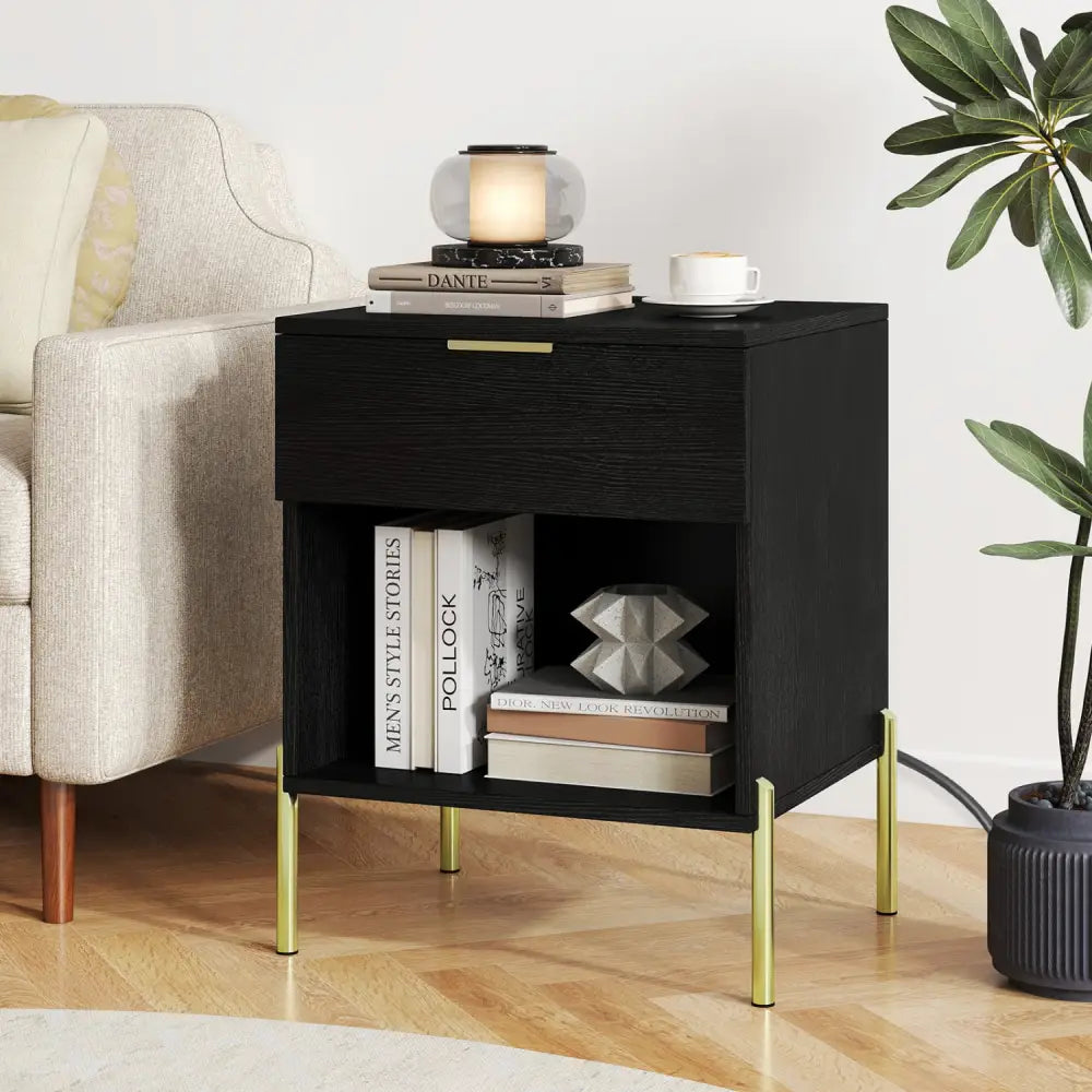 Modern Nightstand with Charging Station-Black - Black - Nightstands