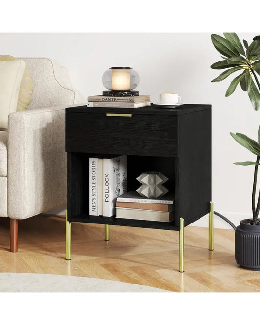 Modern Nightstand with Charging Station-Black - Black - Nightstands