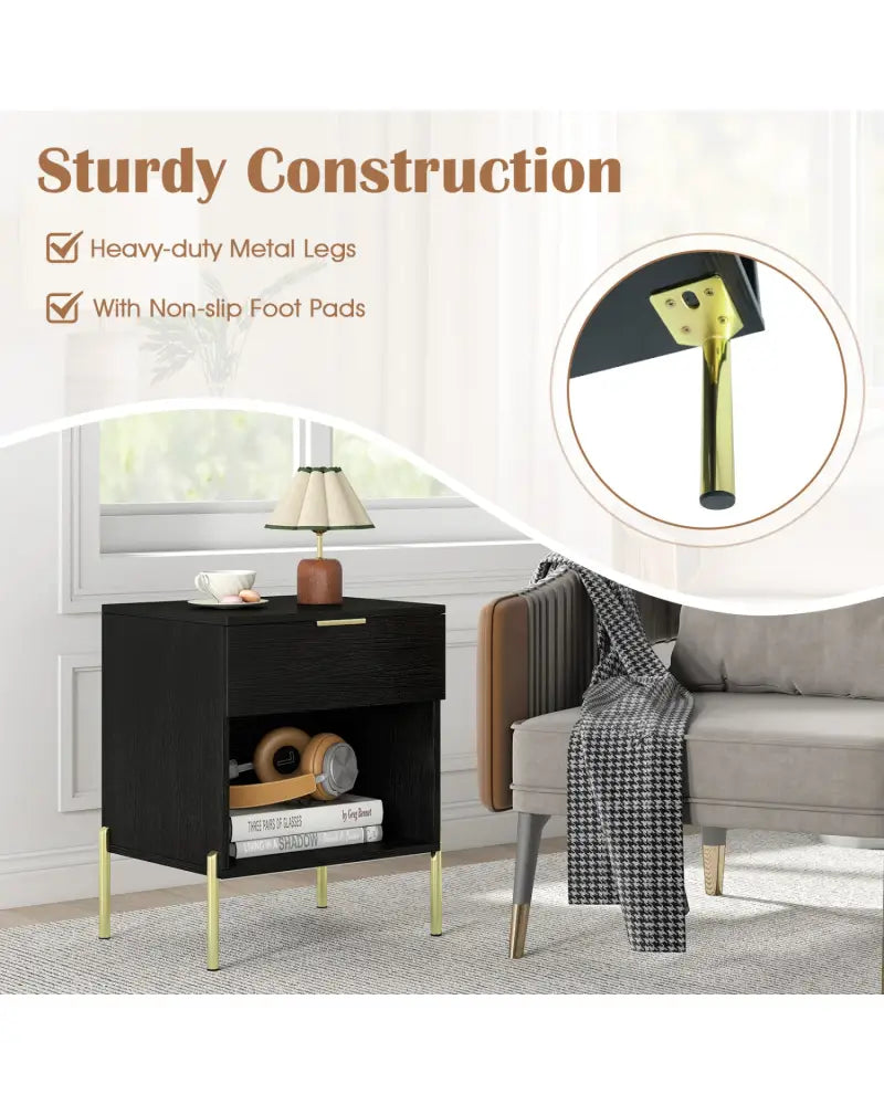 Modern Nightstand with Charging Station-Black - Black - Nightstands