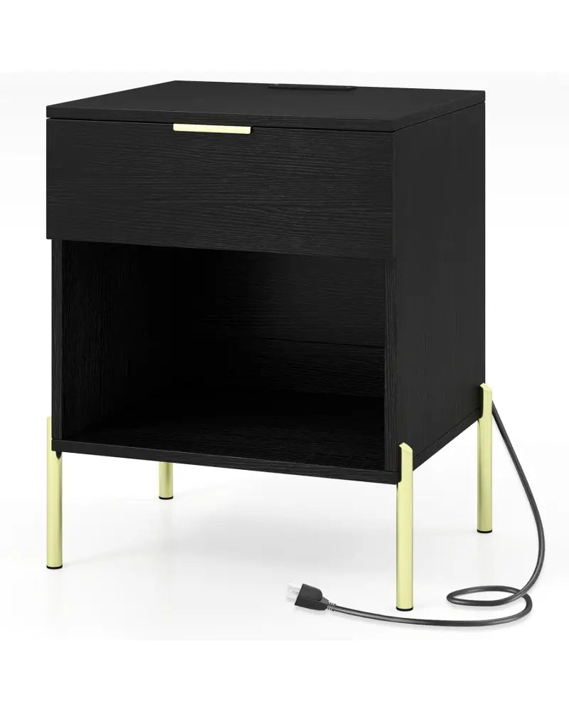 Modern Nightstand with Charging Station-Black - Black - Nightstands