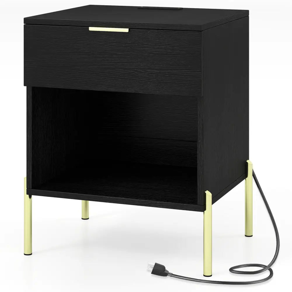 Modern Nightstand with Charging Station-Black - Black - Nightstands