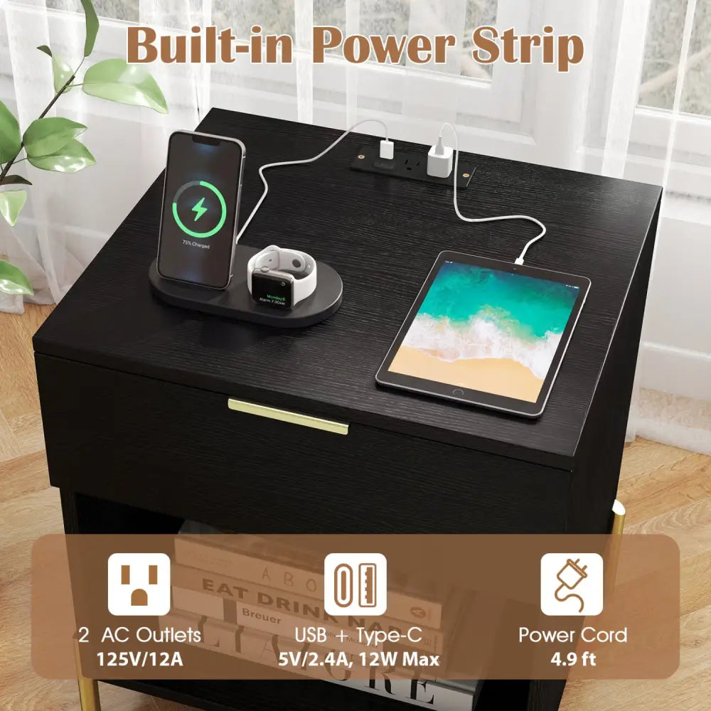 Modern Nightstand with Charging Station-Black - Black - Nightstands