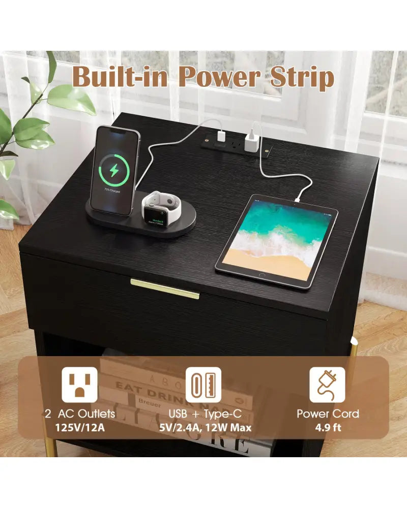 Modern Nightstand with Charging Station-Black - Black - Nightstands