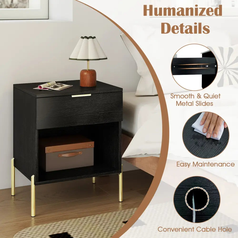Modern Nightstand with Charging Station-Black - Black - Nightstands