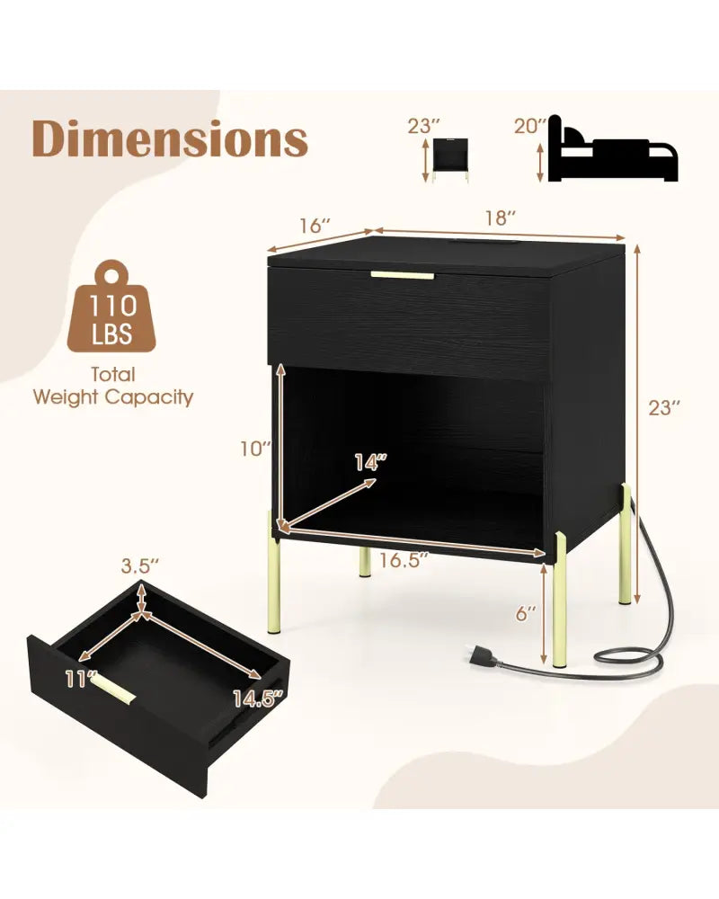 Modern Nightstand with Charging Station-Black - Black - Nightstands