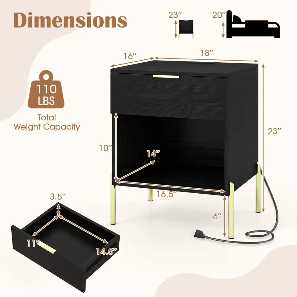 Modern Nightstand with Charging Station-Black - Black - Nightstands