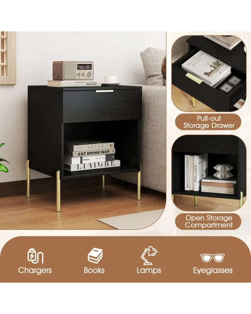 Modern Nightstand with Charging Station-Black - Black - Nightstands