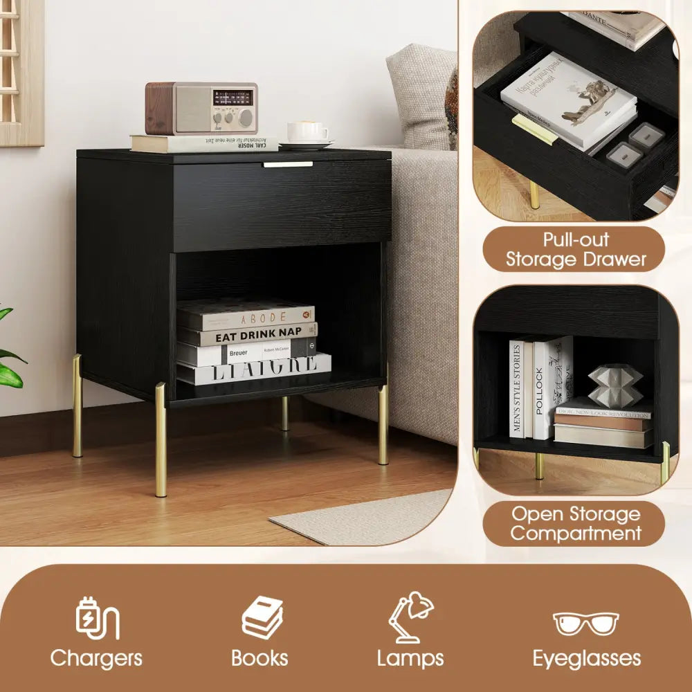 Modern Nightstand with Charging Station-Black - Black - Nightstands