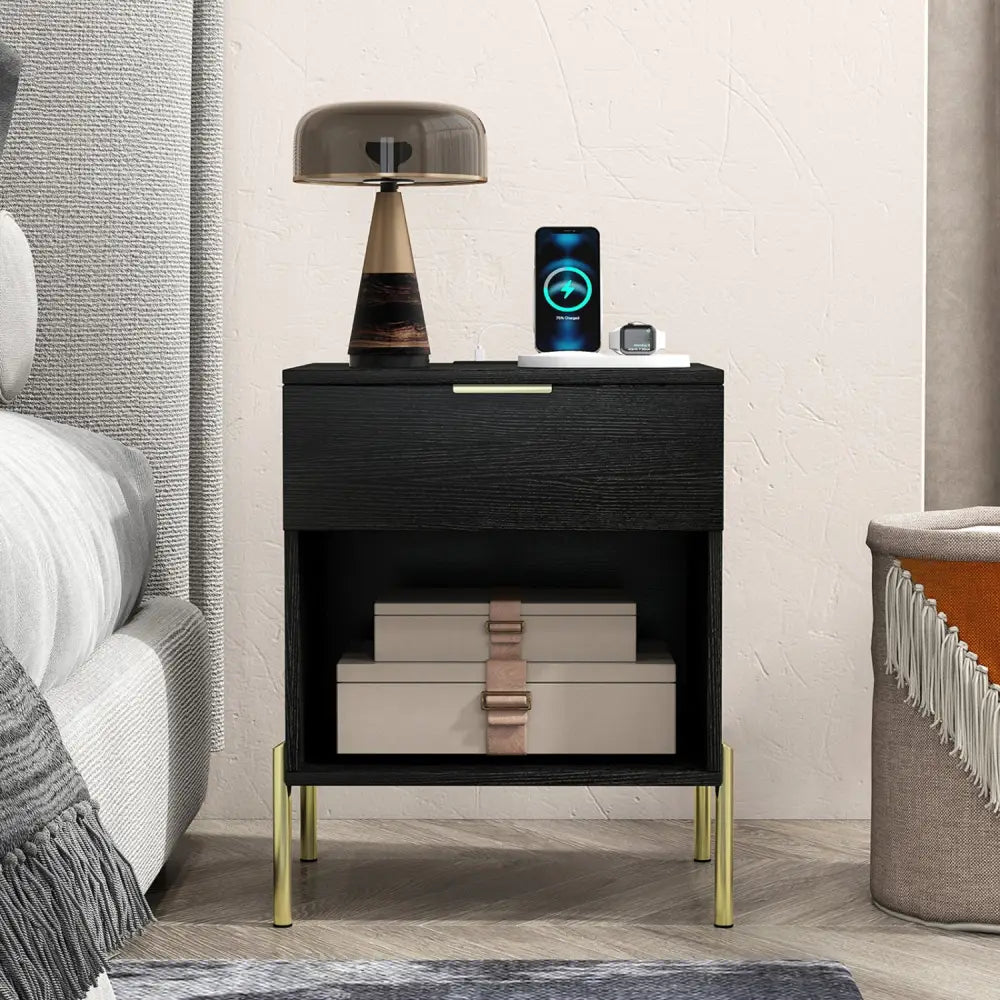 Modern Nightstand with Charging Station-Black - Black - Nightstands