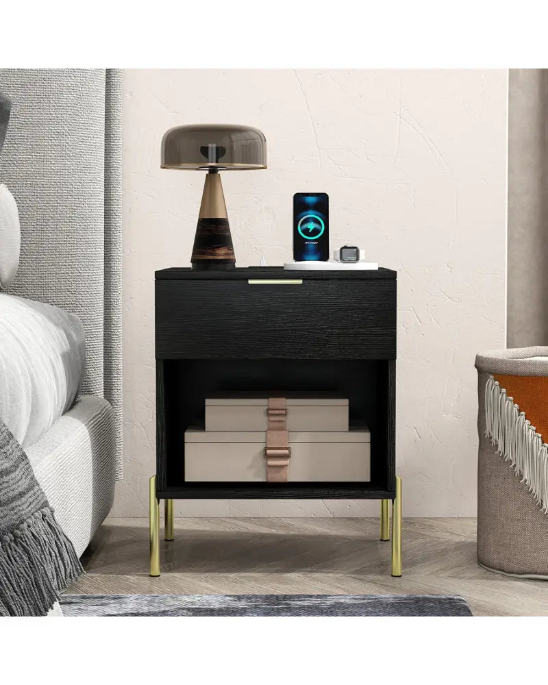 Modern Nightstand with Charging Station-Black - Black - Nightstands