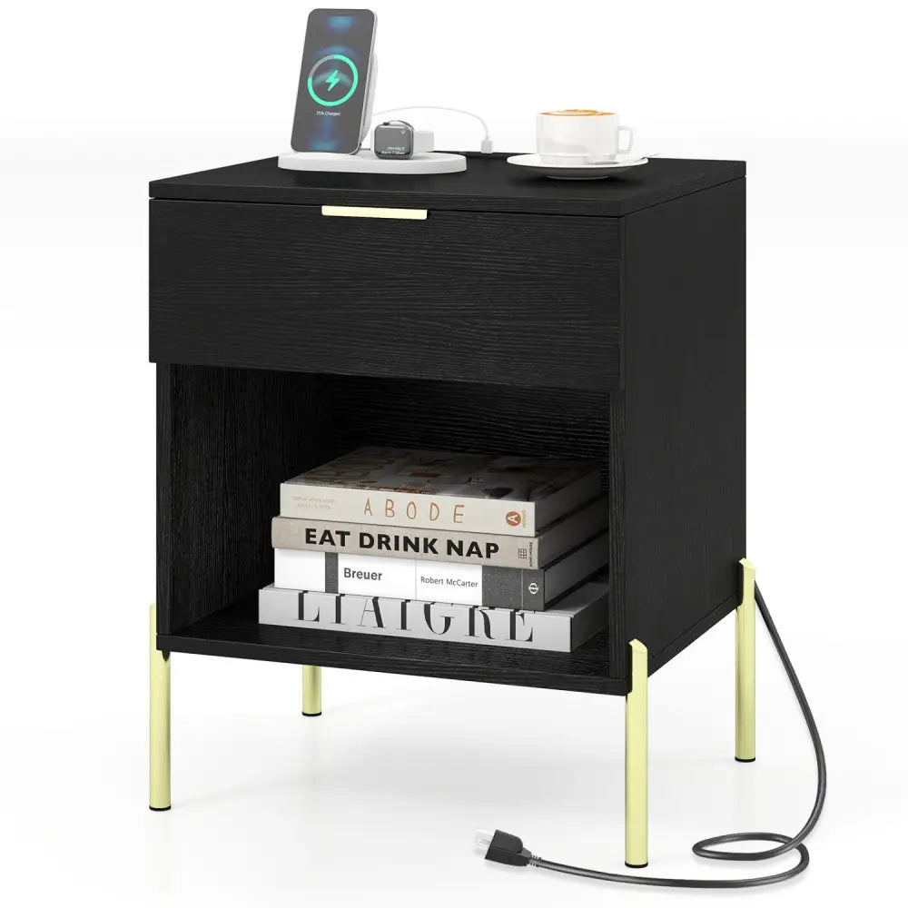 Modern Nightstand with Charging Station-Black - Black - Nightstands