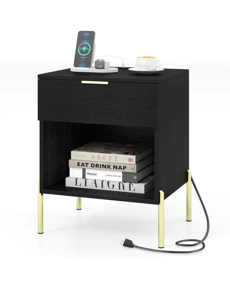 Modern Nightstand with Charging Station-Black - Black - Nightstands