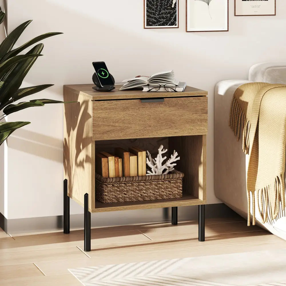 Modern Nightstand with Charging Station-Natural - Natural - Nightstands