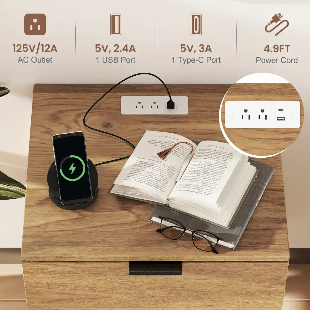 Modern Nightstand with Charging Station-Natural - Natural - Nightstands