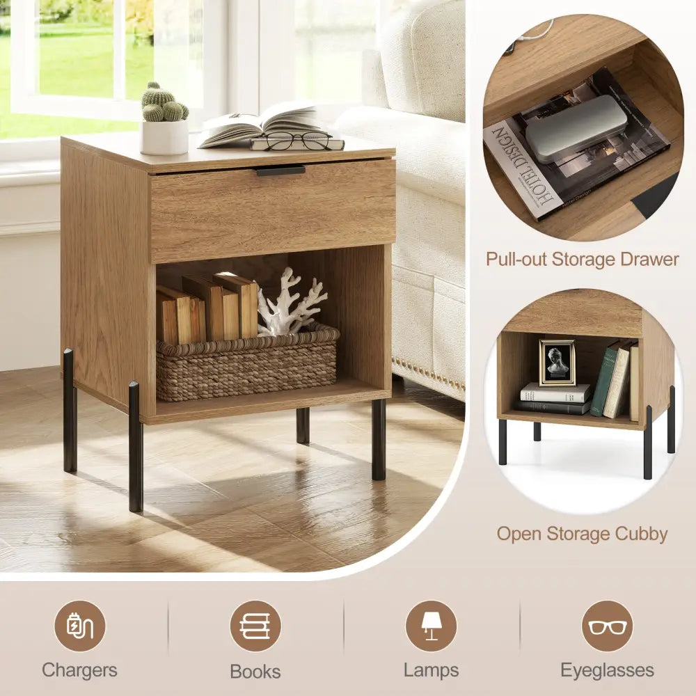 Modern Nightstand with Charging Station-Natural - Natural - Nightstands