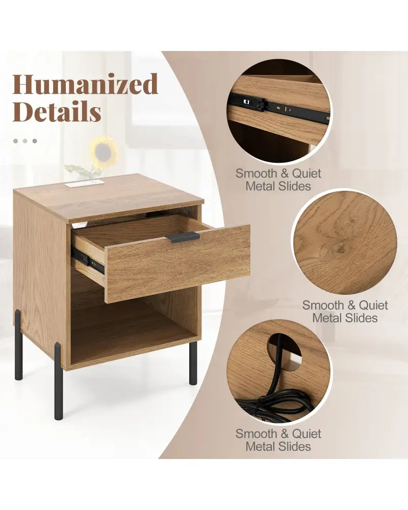 Modern Nightstand with Charging Station-Natural - Natural - Nightstands