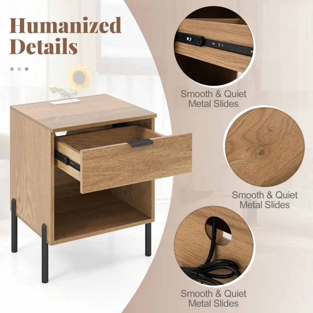 Modern Nightstand with Charging Station-Natural - Natural - Nightstands