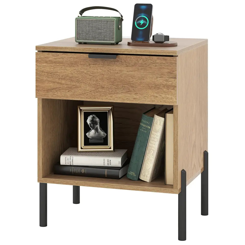 Modern Nightstand with Charging Station-Natural - Natural - Nightstands