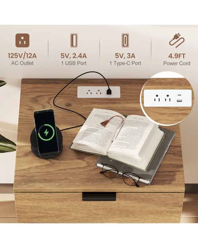 Modern Nightstand with Charging Station-Natural - Natural - Nightstands