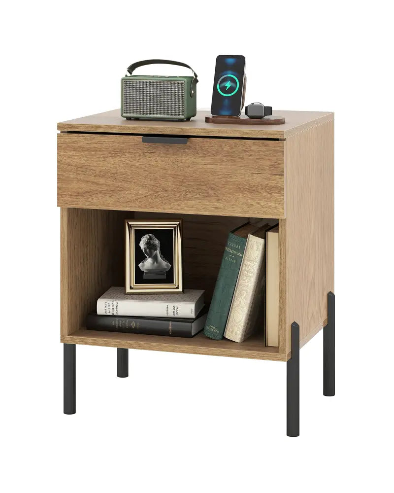 Modern Nightstand with Charging Station-Natural - Natural - Nightstands