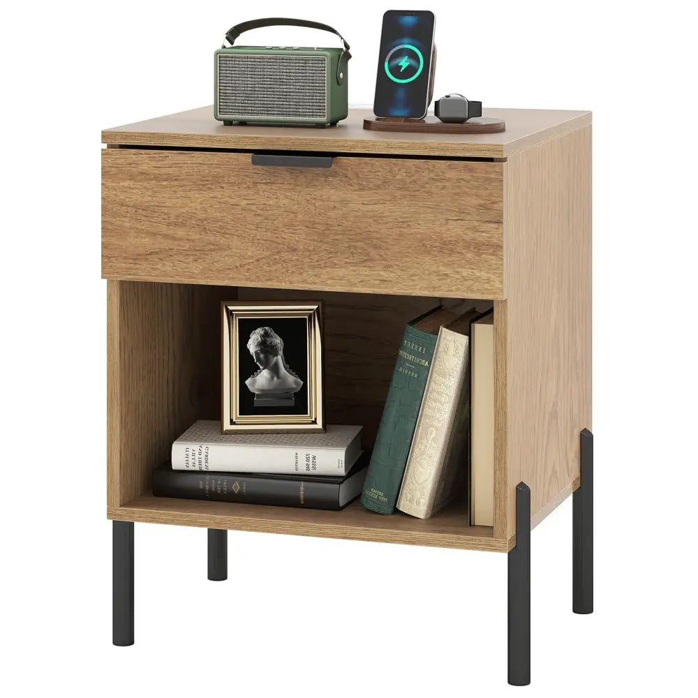 Modern Nightstand with Charging Station-Natural - Natural - Nightstands