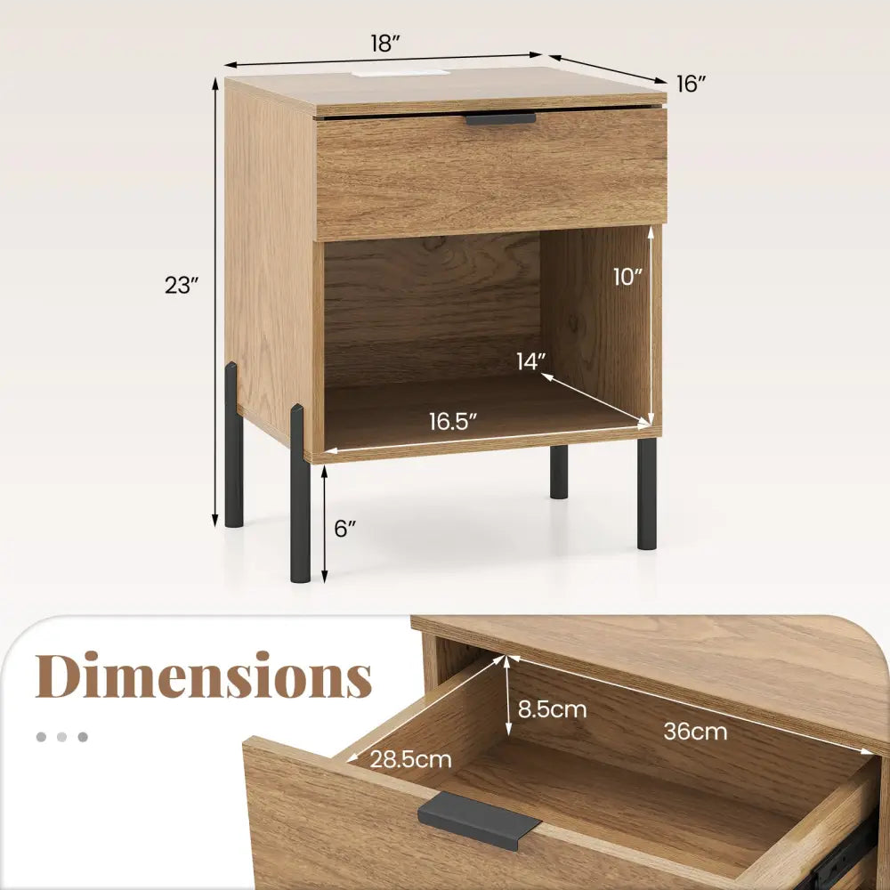 Modern Nightstand with Charging Station-Natural - Natural - Nightstands