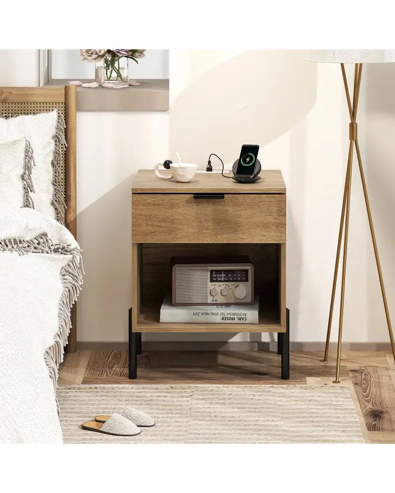 Modern Nightstand with Charging Station-Natural - Natural - Nightstands
