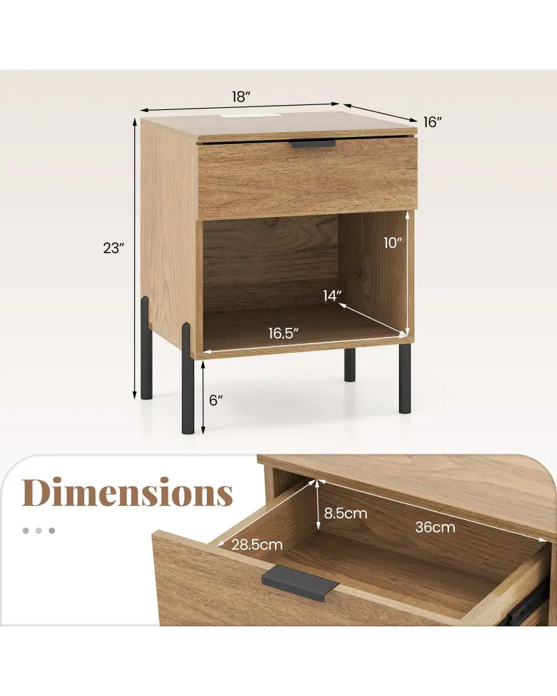 Modern Nightstand with Charging Station-Natural - Natural - Nightstands