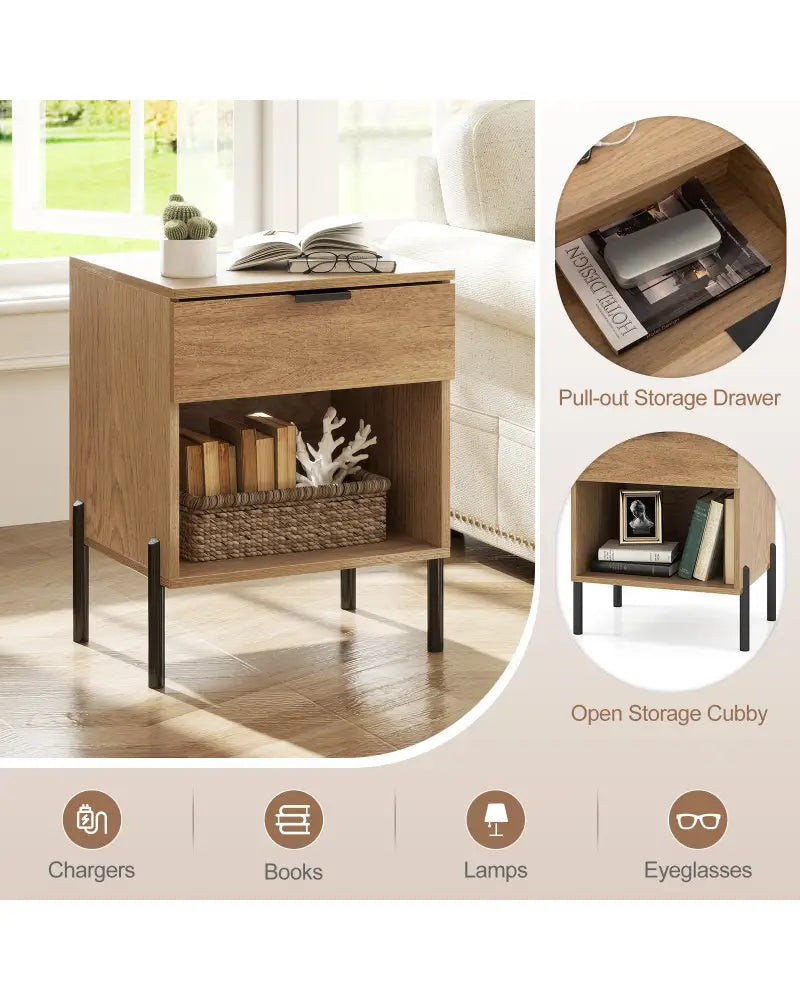 Modern Nightstand with Charging Station-Natural - Natural - Nightstands