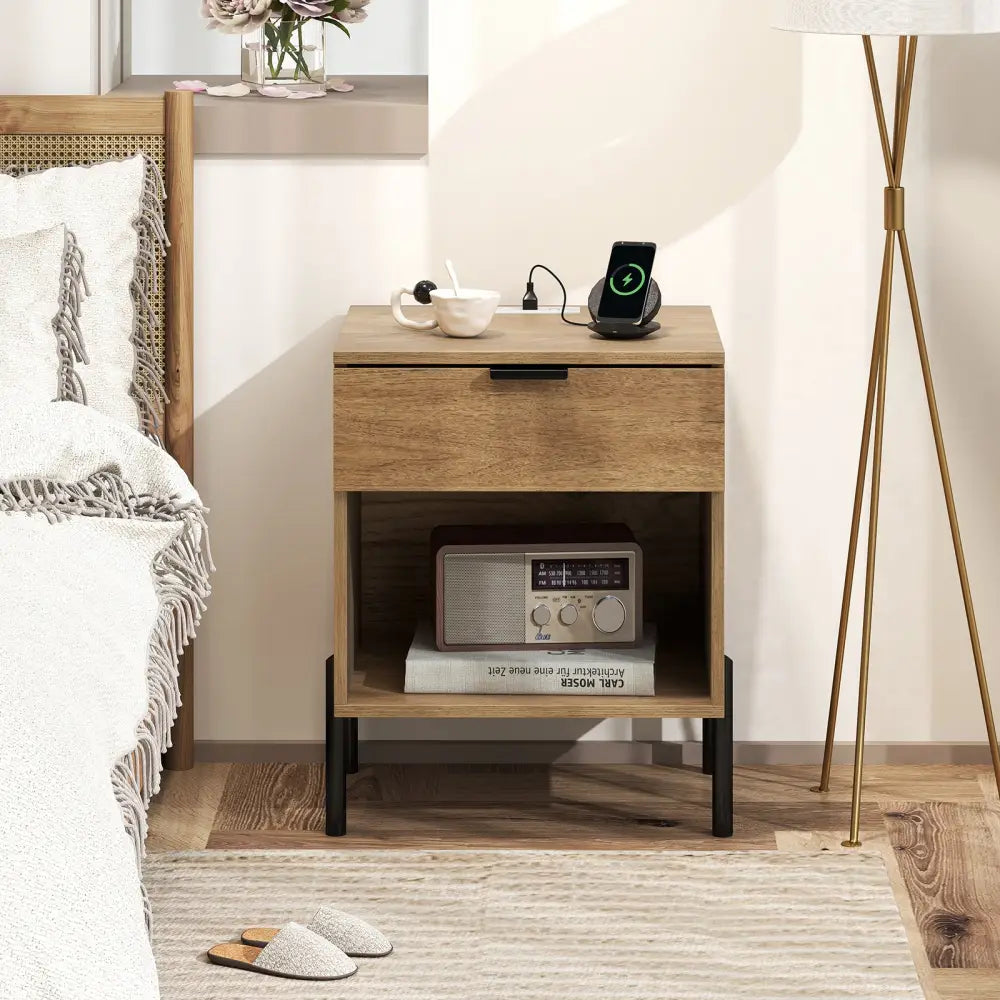 Modern Nightstand with Charging Station-Natural - Natural - Nightstands