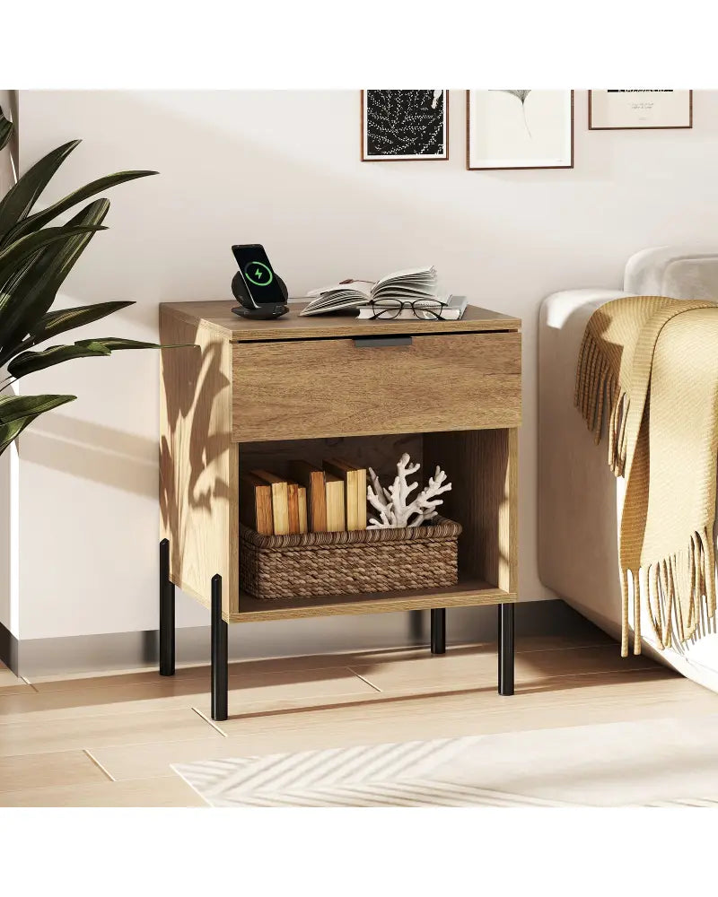 Modern Nightstand with Charging Station-Natural - Natural - Nightstands