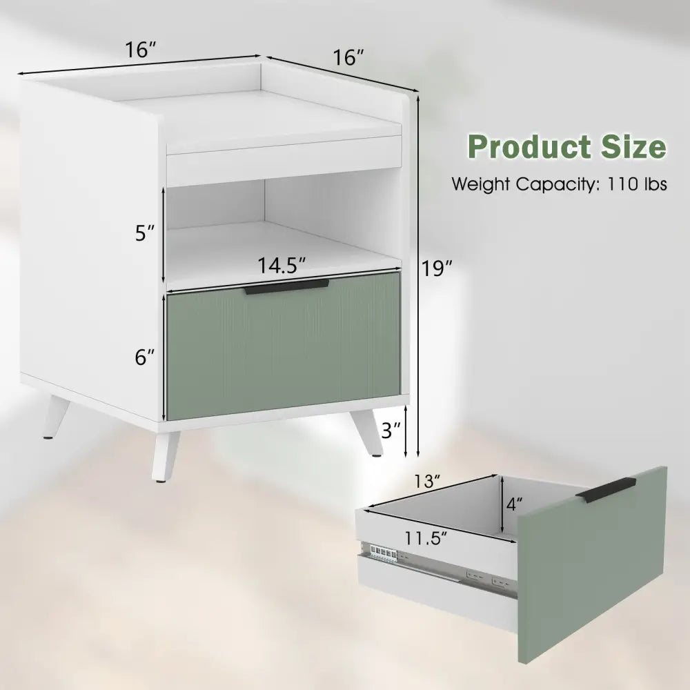 Modern Nightstand with LED Lights Sliding Drawer and Open Compartment-White - White - Nightstands