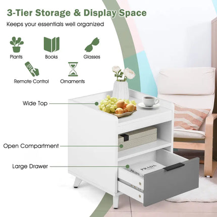 Modern Nightstand with LED Lights Sliding Drawer and Open Compartment-White - White - Nightstands