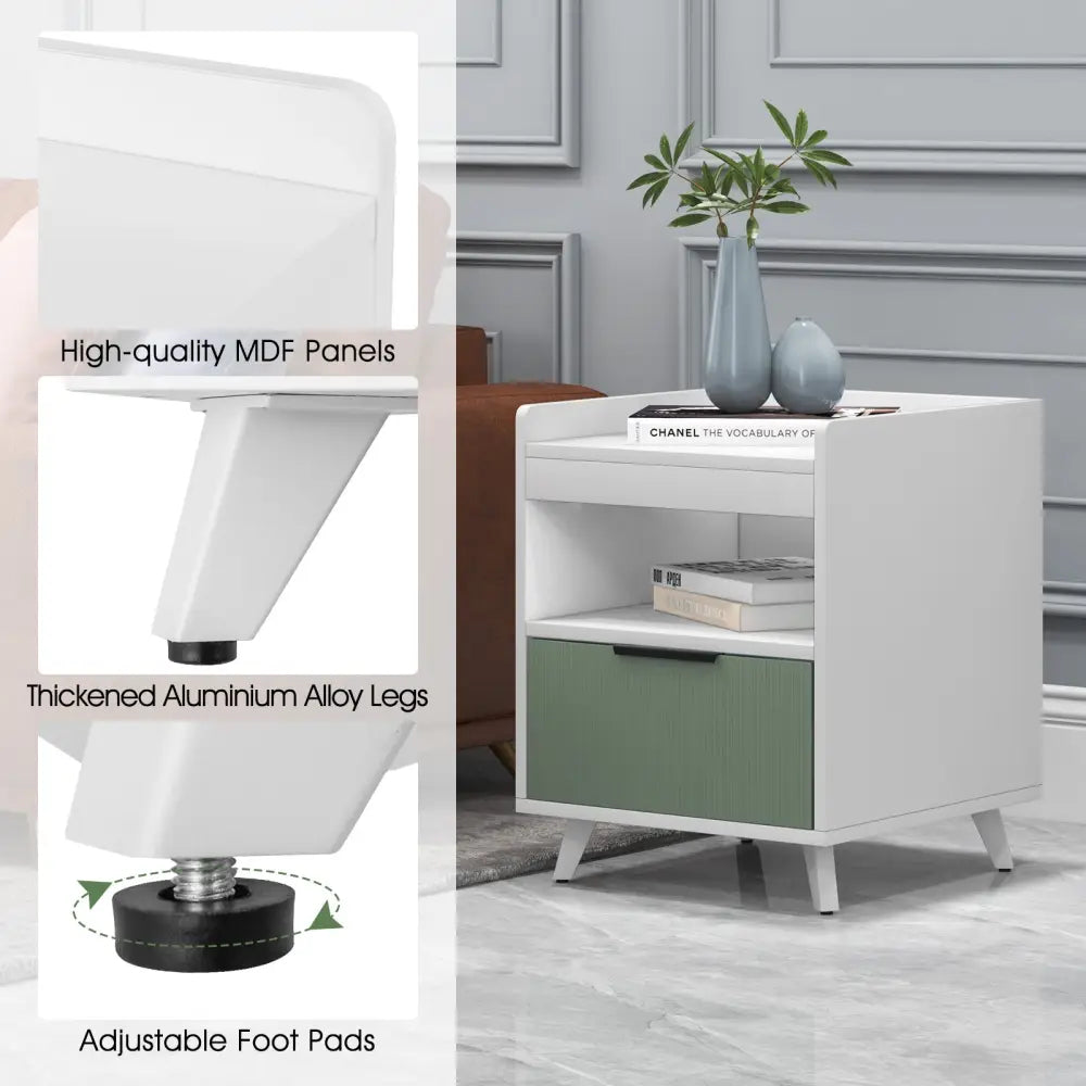 Modern Nightstand with LED Lights Sliding Drawer and Open Compartment-White - White - Nightstands
