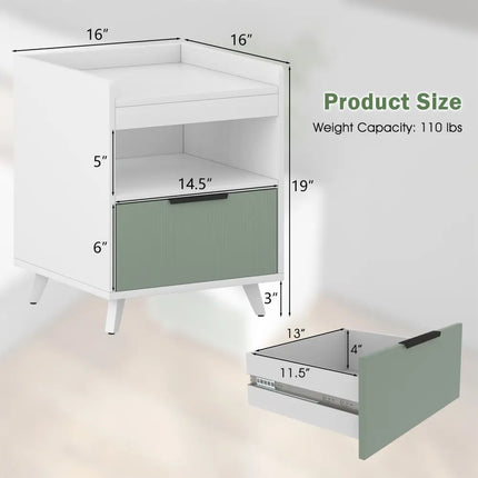 Modern Nightstand with LED Lights Sliding Drawer and Open Compartment-White - White - Nightstands