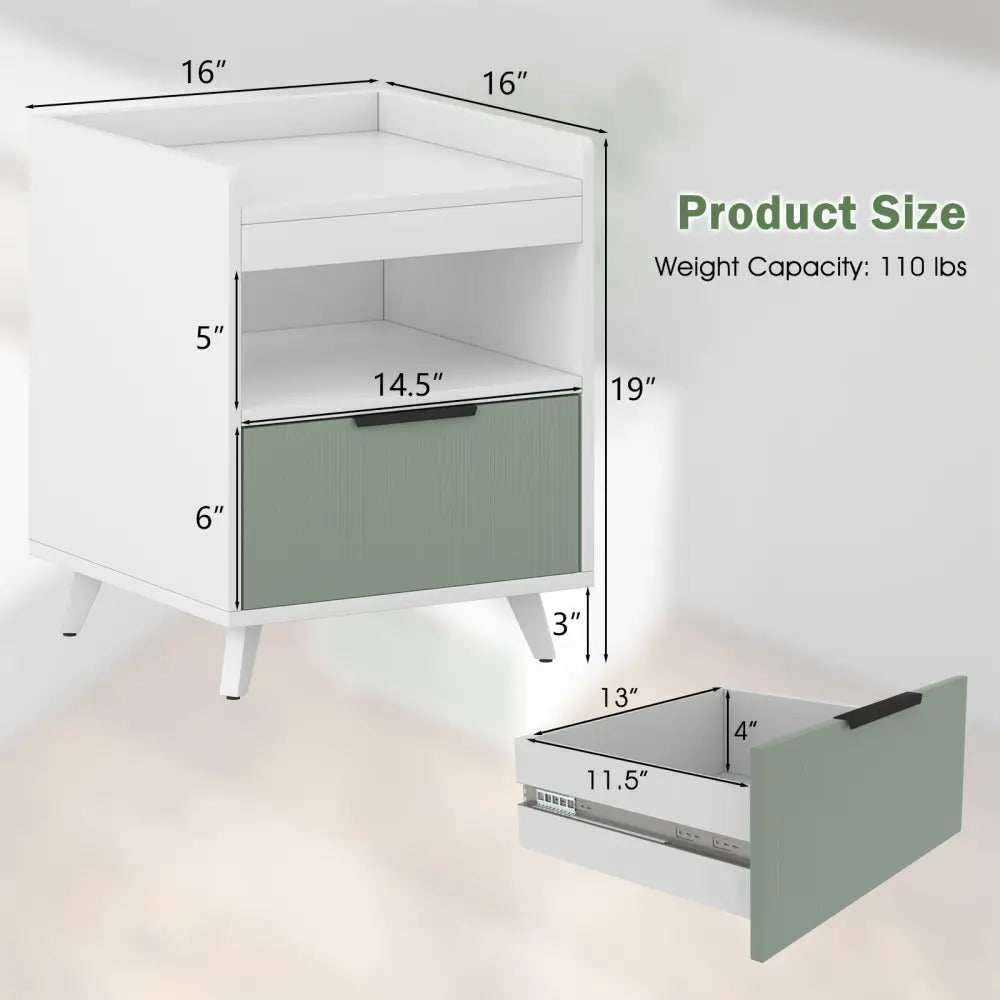 Modern Nightstand with LED Lights Sliding Drawer and Open Compartment-White - White - Nightstands