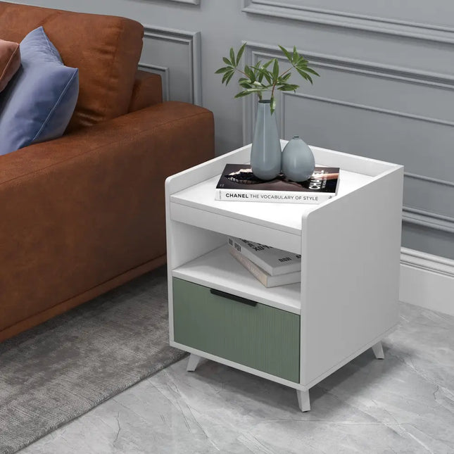 Modern Nightstand with LED Lights Sliding Drawer and Open Compartment-White - White - Nightstands