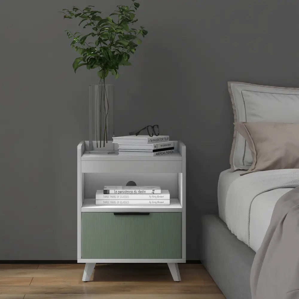 Modern Nightstand with LED Lights Sliding Drawer and Open Compartment-White - White - Nightstands