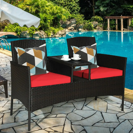 Modern Patio Conversation Set with Built-in Coffee Table and Cushions -Red - Red - Patio Conversation Sets