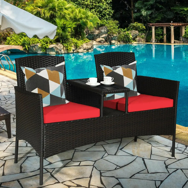 Modern Patio Conversation Set with Built-in Coffee Table and Cushions -Red - Red - Patio Conversation Sets