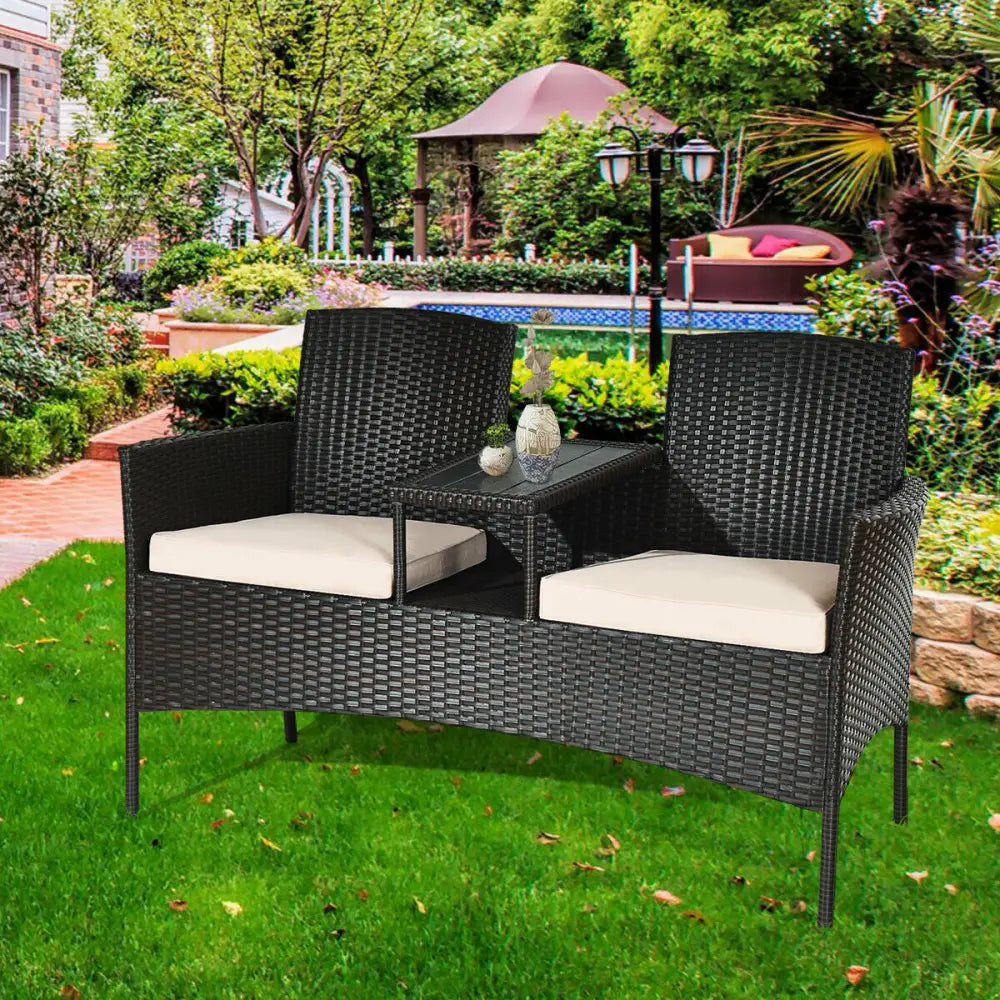 Modern Patio Conversation Set with Built-in Coffee Table and Cushions-Beige - Beige - Patio Conversation Sets