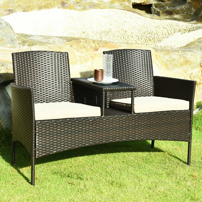 Modern Patio Conversation Set with Built-in Coffee Table and Cushions-Beige - Beige - Patio Conversation Sets