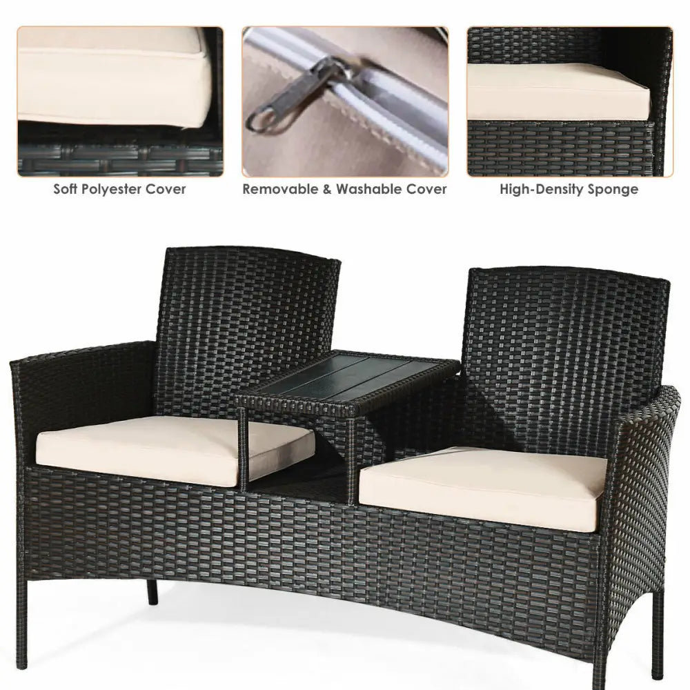 Modern Patio Conversation Set with Built-in Coffee Table and Cushions-Beige - Beige - Patio Conversation Sets