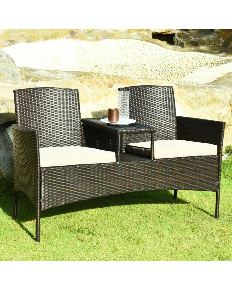 Modern Patio Conversation Set with Built-in Coffee Table and Cushions-Beige - Beige - Patio Conversation Sets
