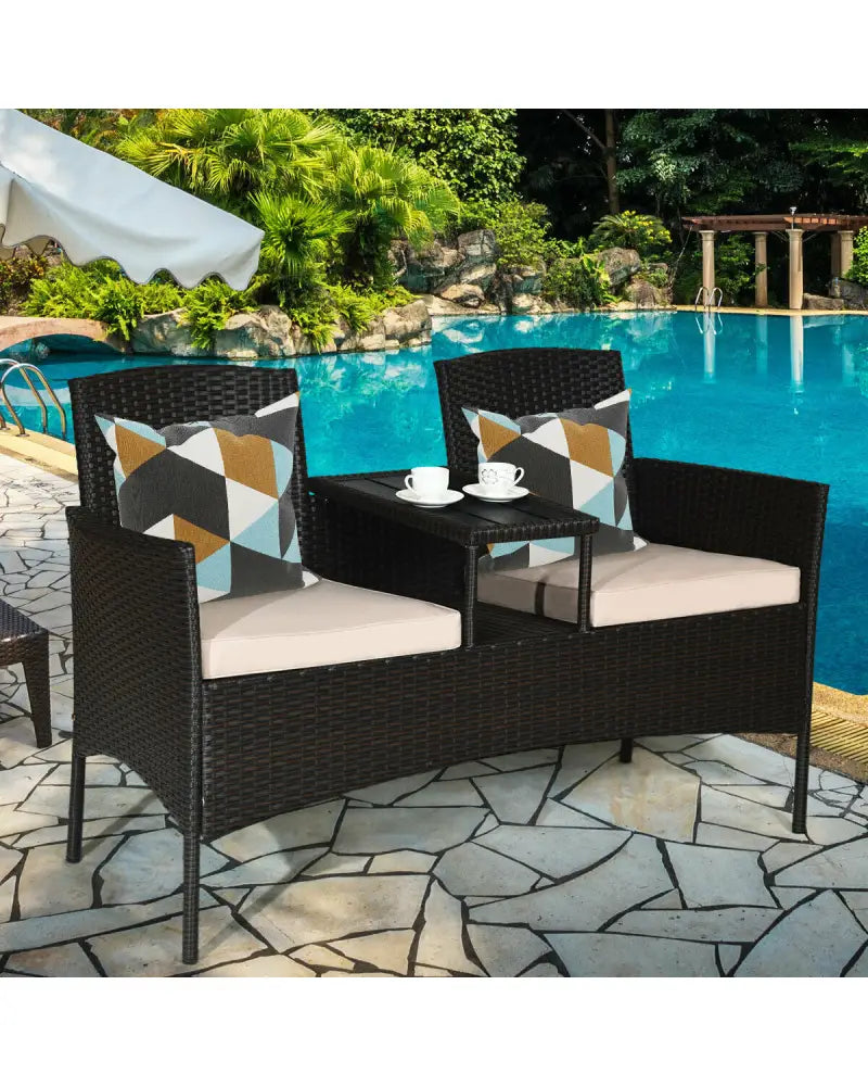 Modern Patio Conversation Set with Built-in Coffee Table and Cushions-Beige - Beige - Patio Conversation Sets
